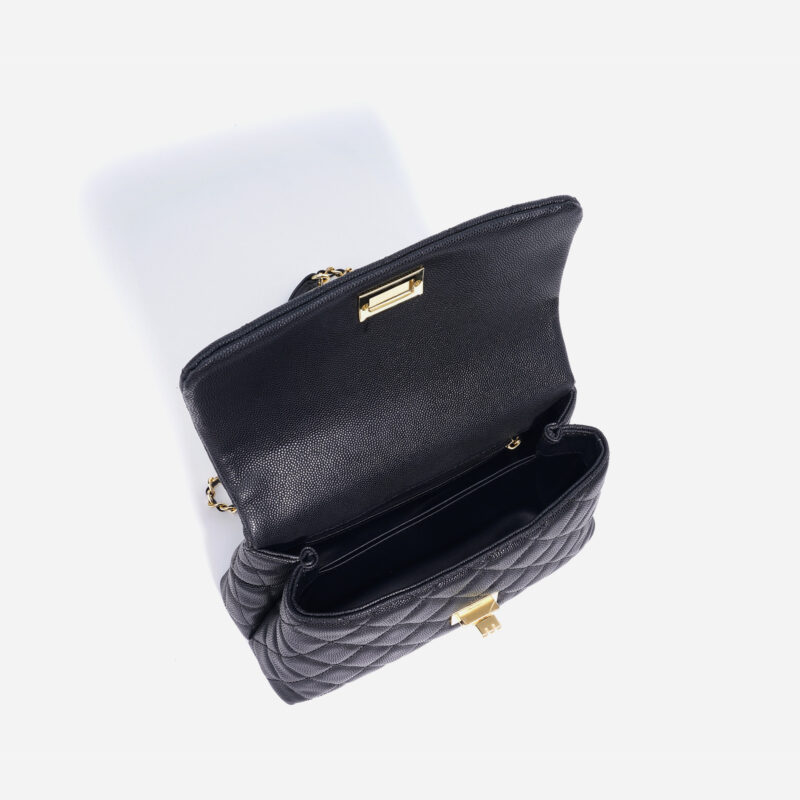 Women's Black Caviar Textured Lambskin Quilted Crossbody Chain Top Handle Bag