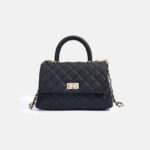 Women's Black Caviar Textured Lambskin Quilted Crossbody Chain Top Handle Bag