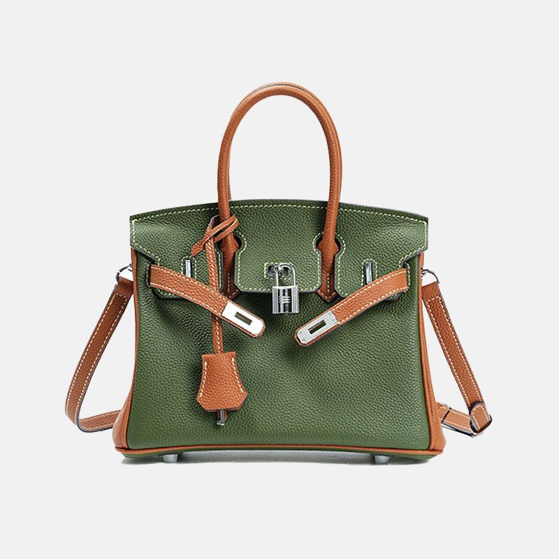 Minimalistische Damen Tasche aus grünem und braunem Vollnarbenleder mit silbernem Henkel