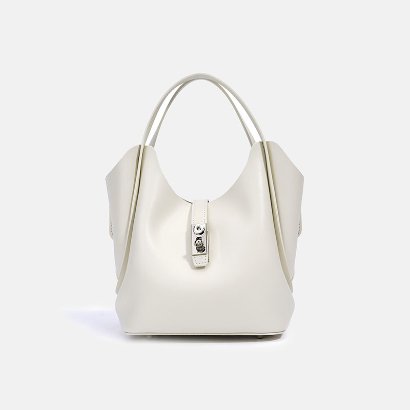 Women's Minimalist Split Leather Bucket Bag In Silver Hardware