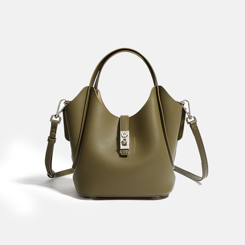Minimalistische Damen Bucket Bag aus geteiltem Leder mit silberner Hardware