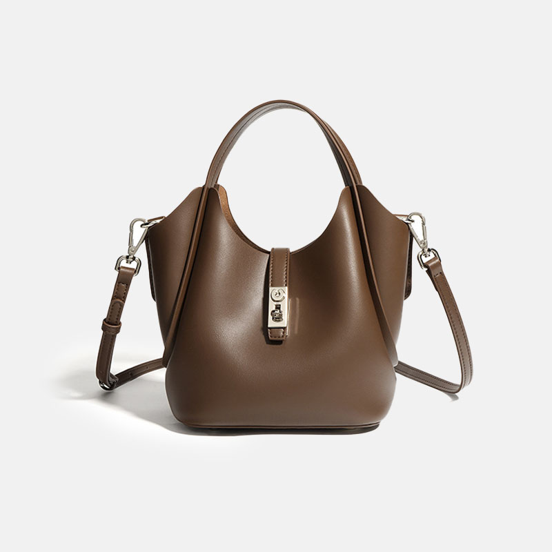 Minimalistische Damen Bucket Bag aus geteiltem Leder mit silberner Hardware