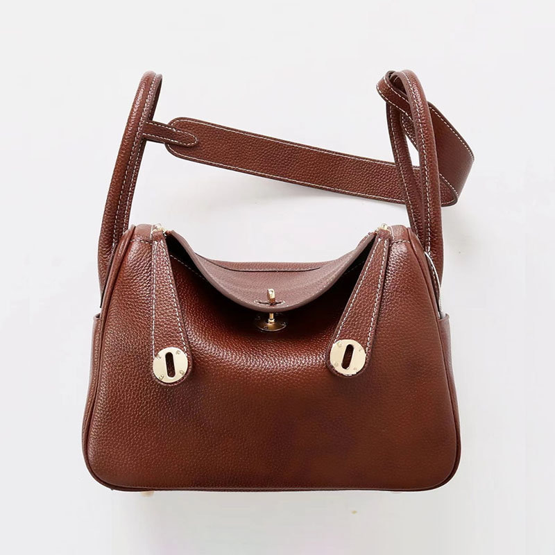 Damen Vintage Braun Top-Grain Leder Katze Auge Akzent Umhängetasche In Gold Hardware