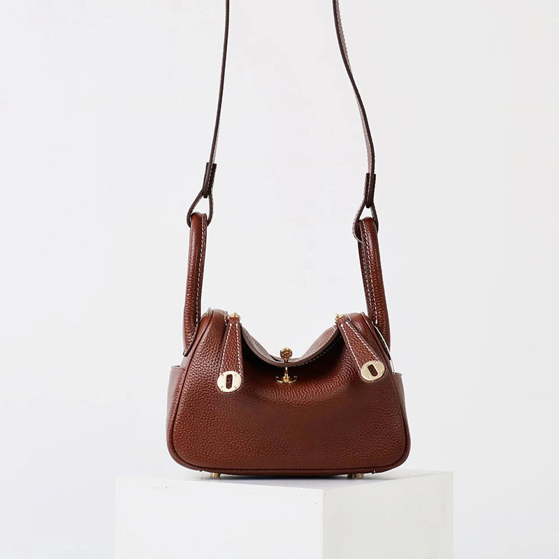 Damen Vintage Braun Top-Grain Leder Katze Auge Akzent Umhängetasche In Gold Hardware