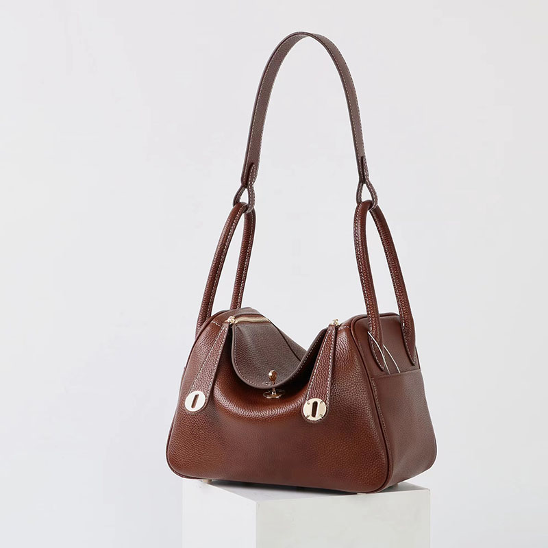 Damen Vintage Braun Top-Grain Leder Katze Auge Akzent Umhängetasche In Gold Hardware