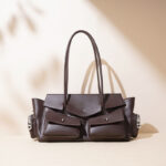 Women's Vintage Minimalist Split Leather Baguette Bag With Multi-Pocket Design