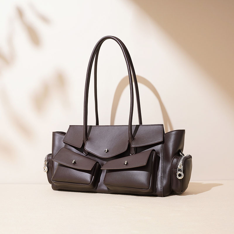 Women's Vintage Minimalist Split Leather Baguette Bag With Multi-Pocket Design