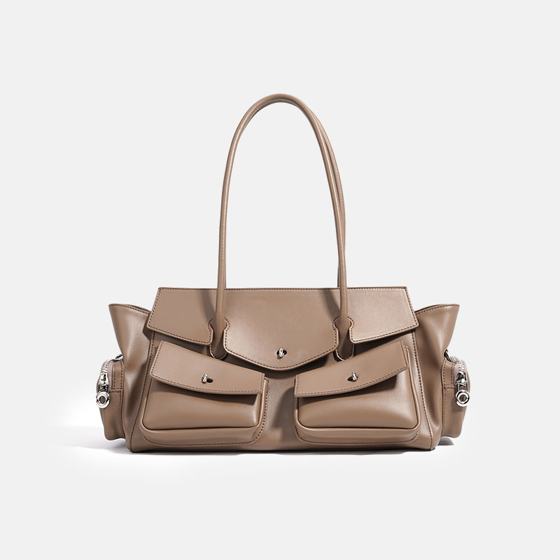 Women's Vintage Minimalist Split Leather Baguette Bag With Multi-Pocket Design