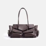 Women's Vintage Minimalist Split Leather Baguette Bag With Multi-Pocket Design