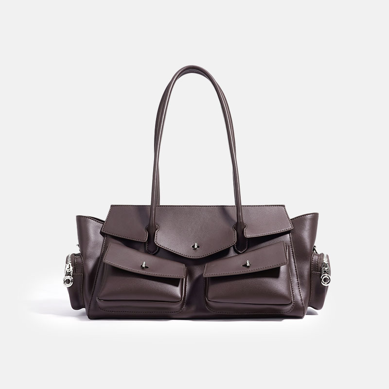 Women's Vintage Minimalist Split Leather Baguette Bag With Multi-Pocket Design