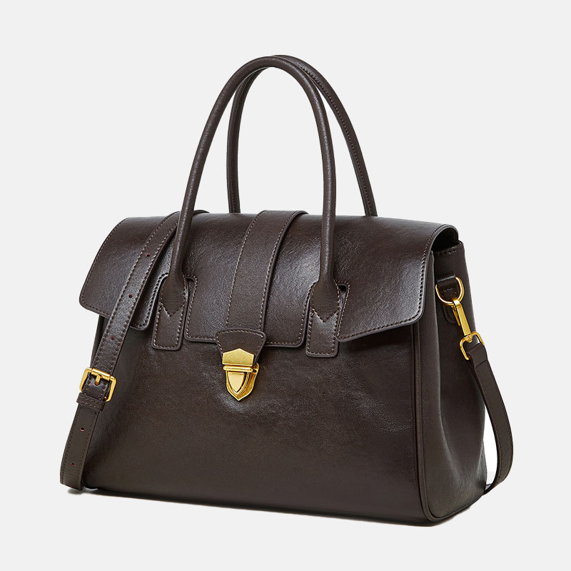 Sac à main à bandoulière en cuir vintage de grain supérieur avec quincaillerie en or pour femmes