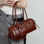 Women's Vintage Waxed Split Leather Shoulder Baguette Handbag