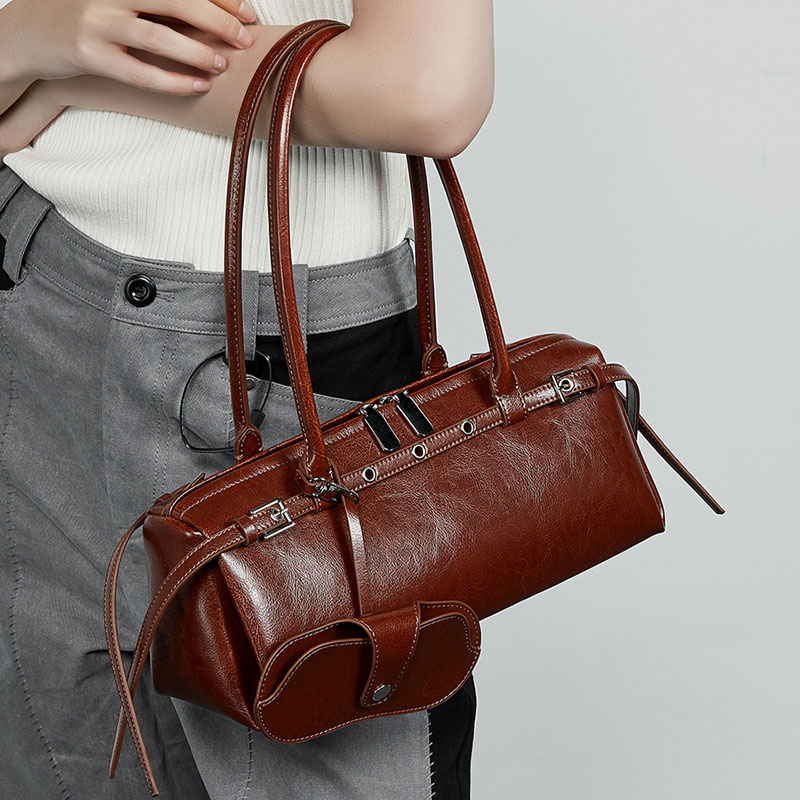 Women's Vintage Waxed Split Leather Shoulder Baguette Handbag