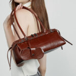 Women's Vintage Waxed Split Leather Shoulder Baguette Handbag