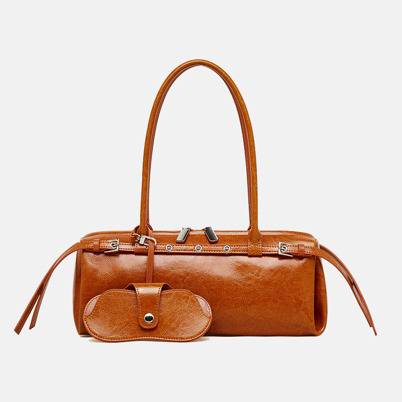 Women's Vintage Waxed Split Leather Shoulder Baguette Handbag