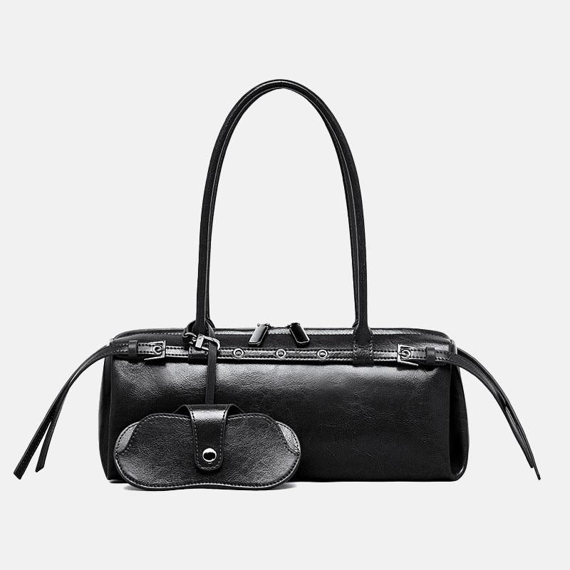 Women's Vintage Waxed Split Leather Shoulder Baguette Handbag