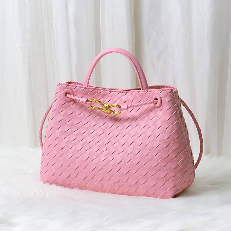 Women's Minimalist Woven Split Leather Shoulder Tote Handbag In Gold Hardware