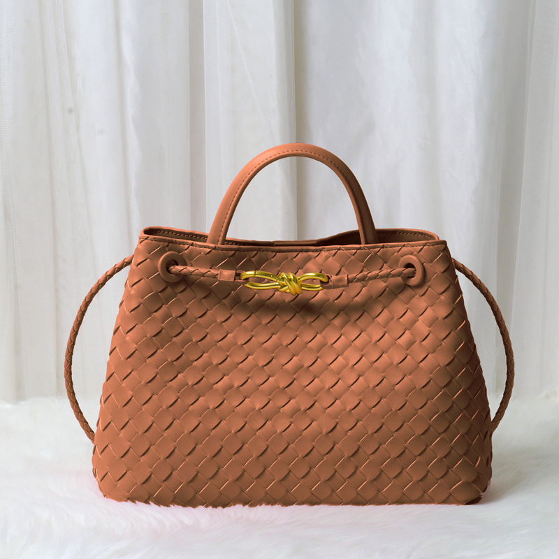 Women's Minimalist Woven Split Leather Shoulder Tote Handbag In Gold Hardware
