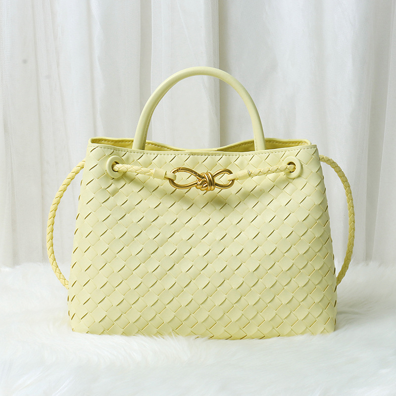 Women's Minimalist Woven Split Leather Shoulder Tote Handbag In Gold Hardware