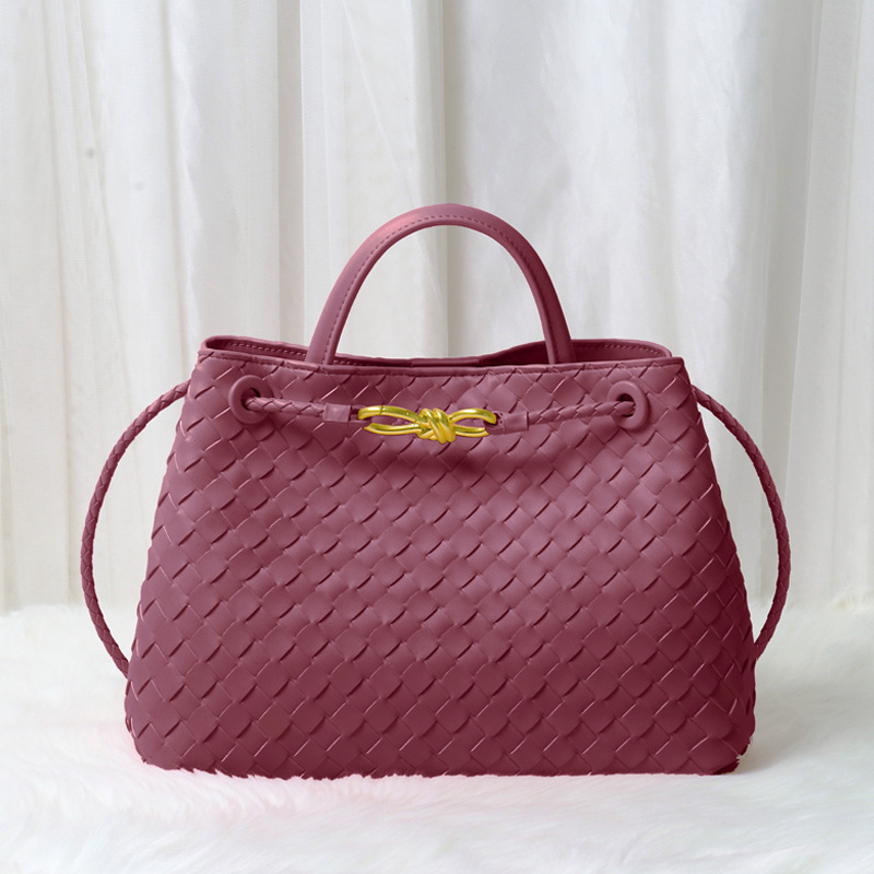 Women's Minimalist Woven Split Leather Shoulder Tote Handbag In Gold Hardware