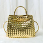 Women's Minimalist Woven Split Leather Shoulder Tote Handbag In Gold Hardware