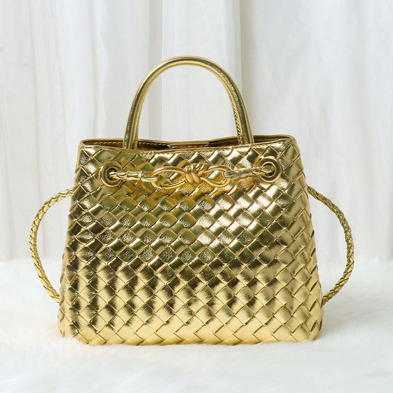 Women's Minimalist Woven Split Leather Shoulder Tote Handbag In Gold Hardware