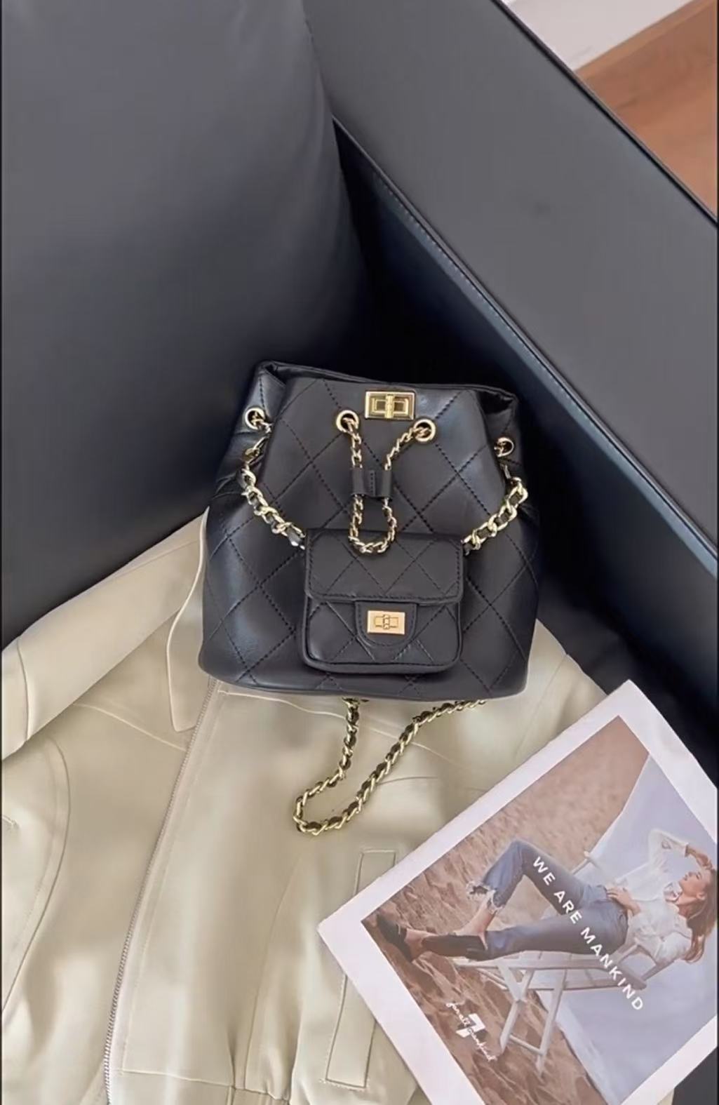 Damen Echtes Leder Gesteppte Kette Rucksack Eimer Tasche photo review