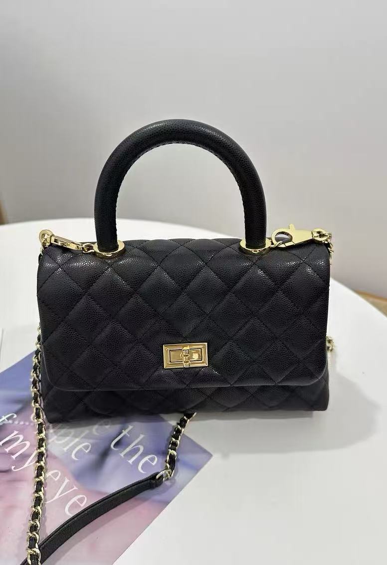 Women's Black Caviar Textured Lambskin Quilted Crossbody Chain Top Handle Bag photo review