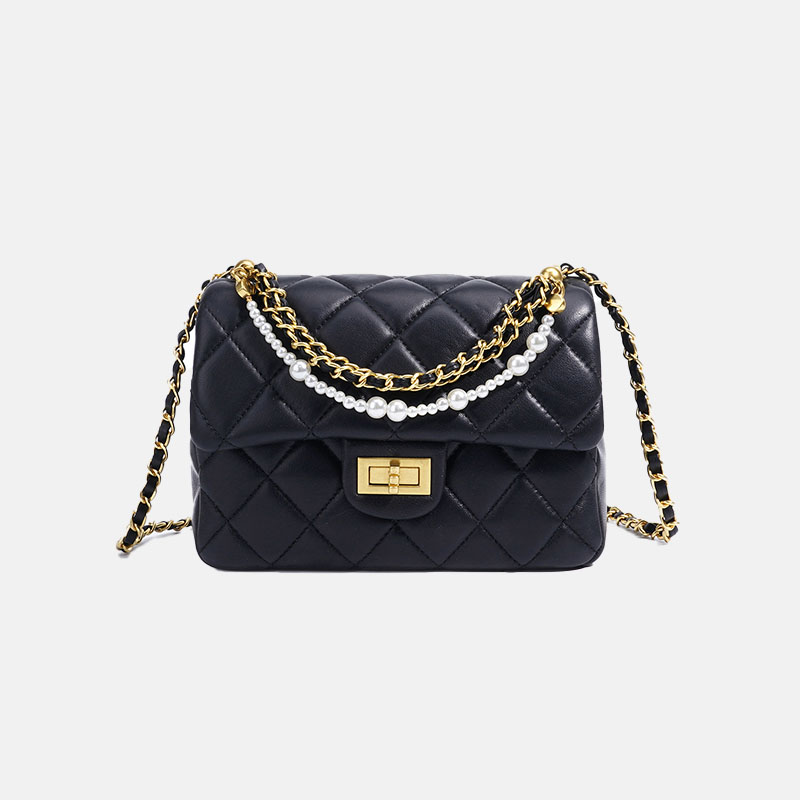 Women's Black Quilted Lambskin Pearl-Embellished Chain Crossbody Bag In Gold Hardware