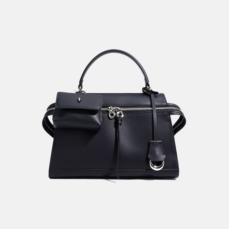 Minimalistische Damen Tasche aus echtem Leder mit Reißverschluss und silbernem Henkel