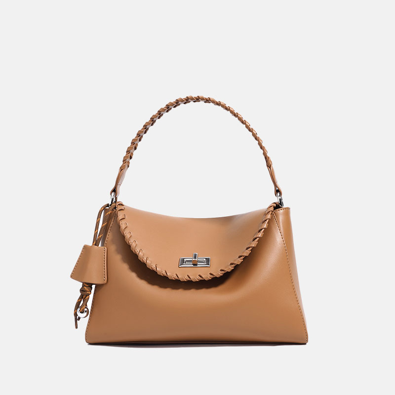 Minimalistische Damen Handtasche aus Leder mit geflochtenen Details und silberner Hardware