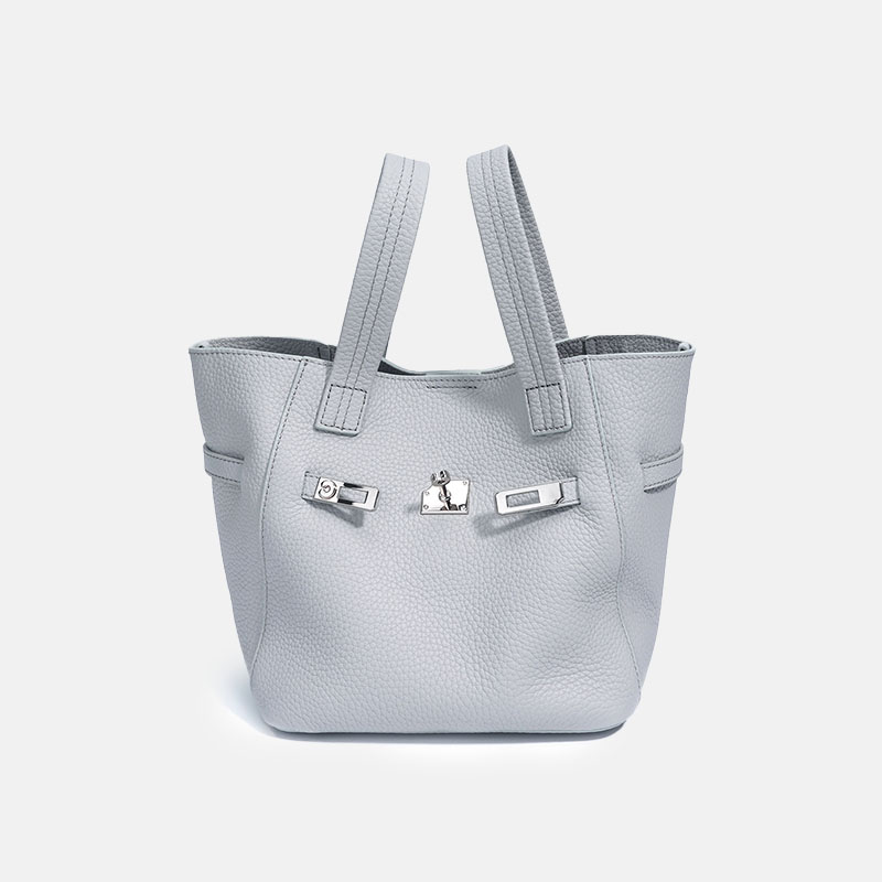 Women's Minimalist Top-Grain Leather Crossbody Strap Bucket Handbag In Lock Clasp