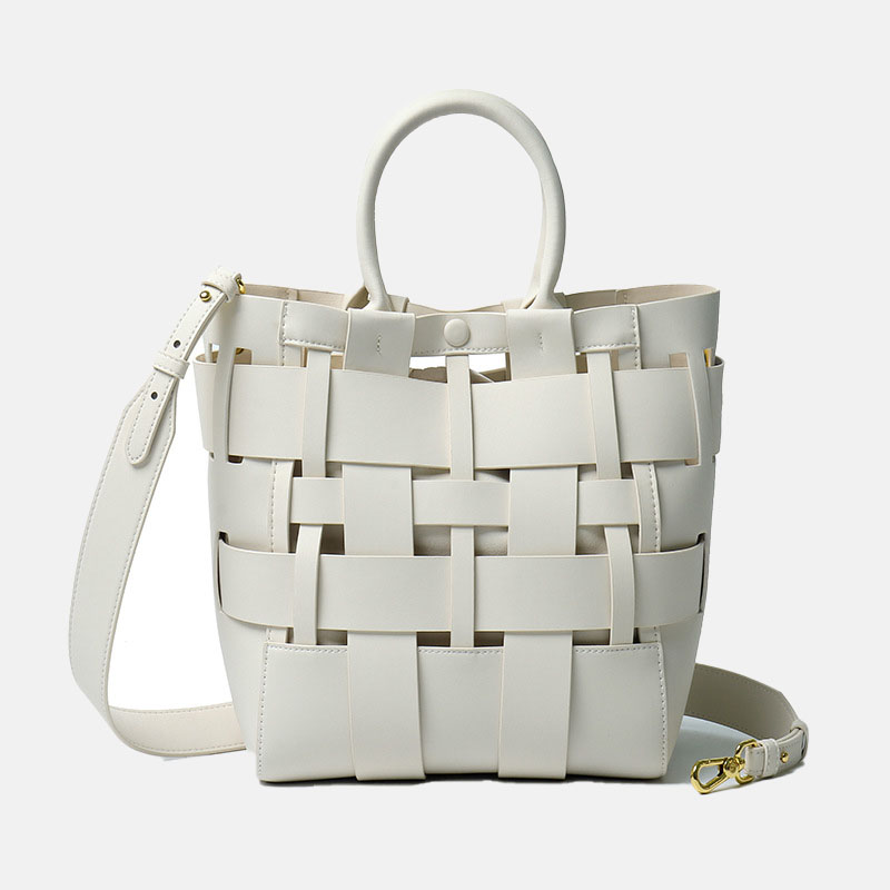 Women's Minimalist Woven Genuine Leather Crossbody Bucket Bags