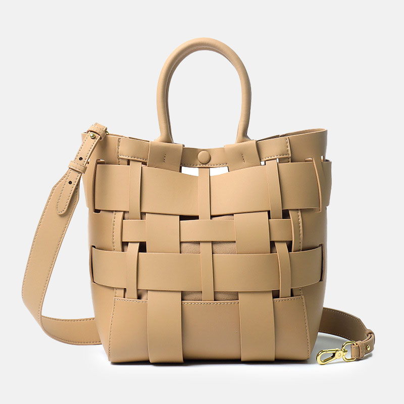 Women's Minimalist Woven Genuine Leather Crossbody Bucket Bags