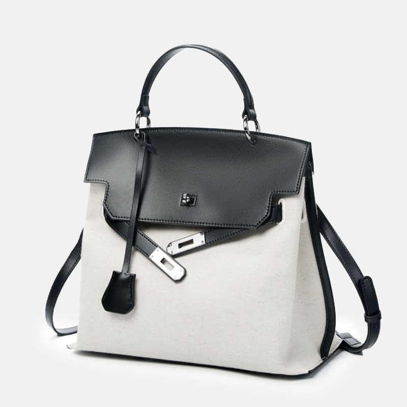 Sac à main en toile en cuir véritable bicolore pour femmes avec des accessoires en argent