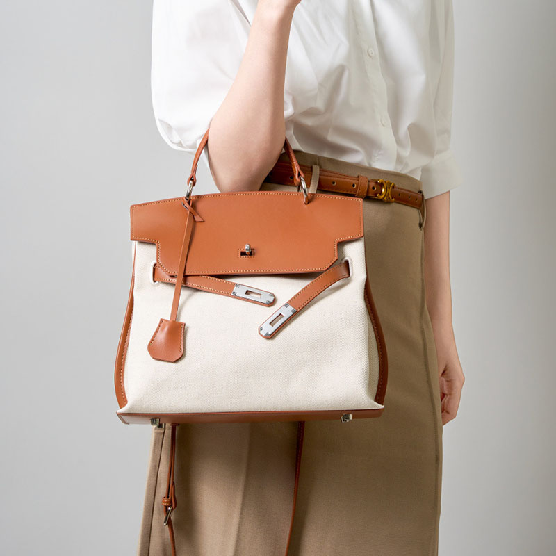 Sac à main en toile en cuir véritable bicolore pour femmes avec des accessoires en argent