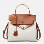 Sac à main en toile en cuir véritable bicolore pour femmes avec des accessoires en argent