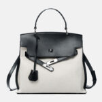 Sac à main en toile en cuir véritable bicolore pour femmes avec des accessoires en argent
