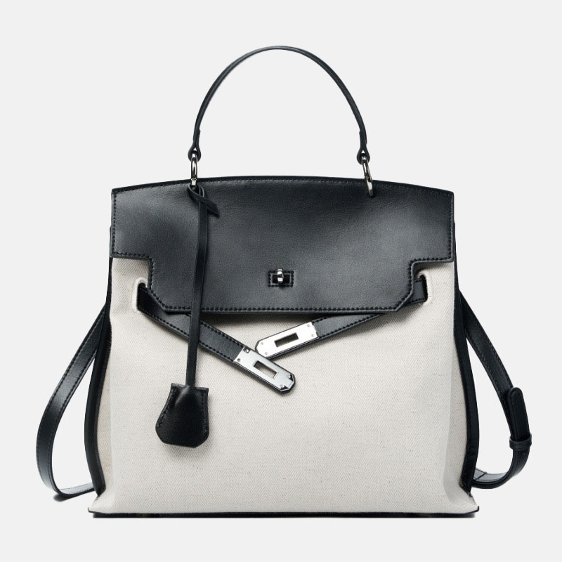 Sac à main en toile en cuir véritable bicolore pour femmes avec des accessoires en argent