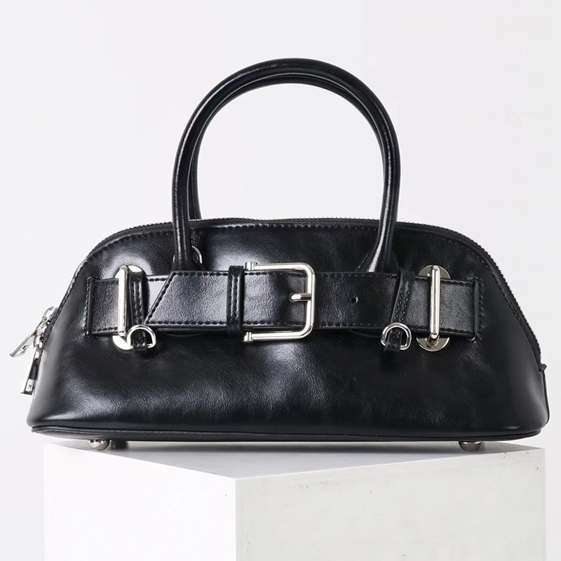 Sac à main de bowling en cuir fendu vintage avec boucle en argent