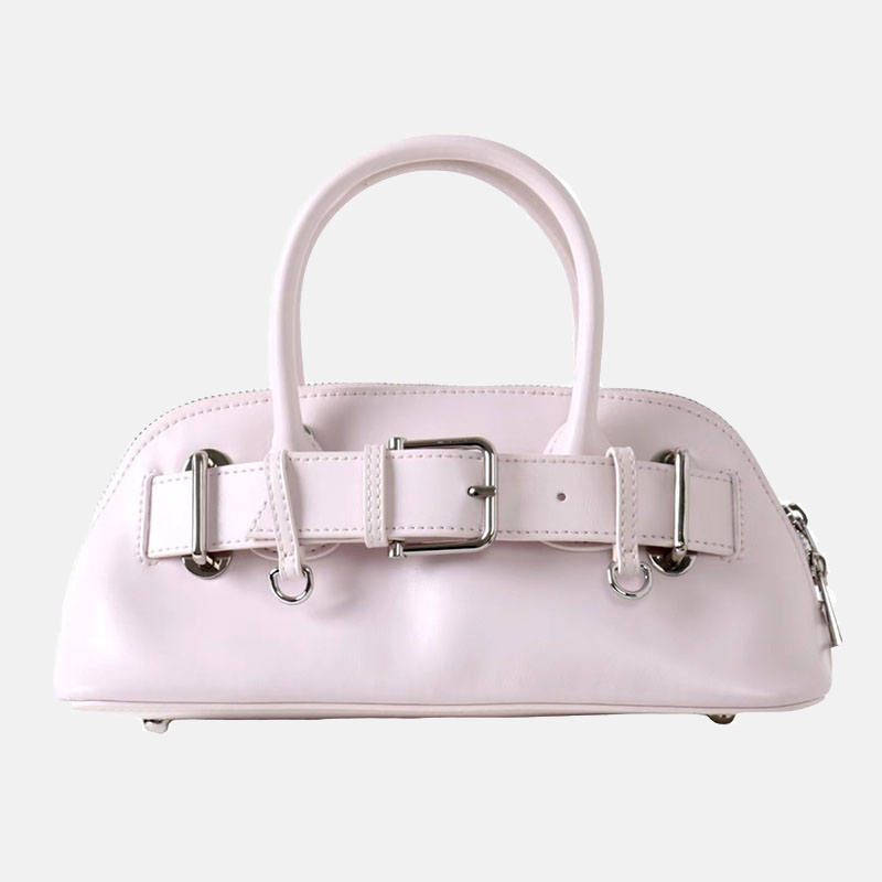 Women's Vintage Split Leather Buckle Accent Bowling Handbag In Silver Hardware