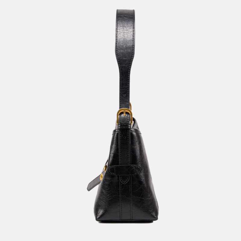 Schwarze Damen Crossbody Umhängetasche aus gewachstem Leder mit Crackle-Effekt und goldener Hardware