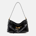 Schwarze Damen Crossbody Umhängetasche aus gewachstem Leder mit Crackle-Effekt und goldener Hardware