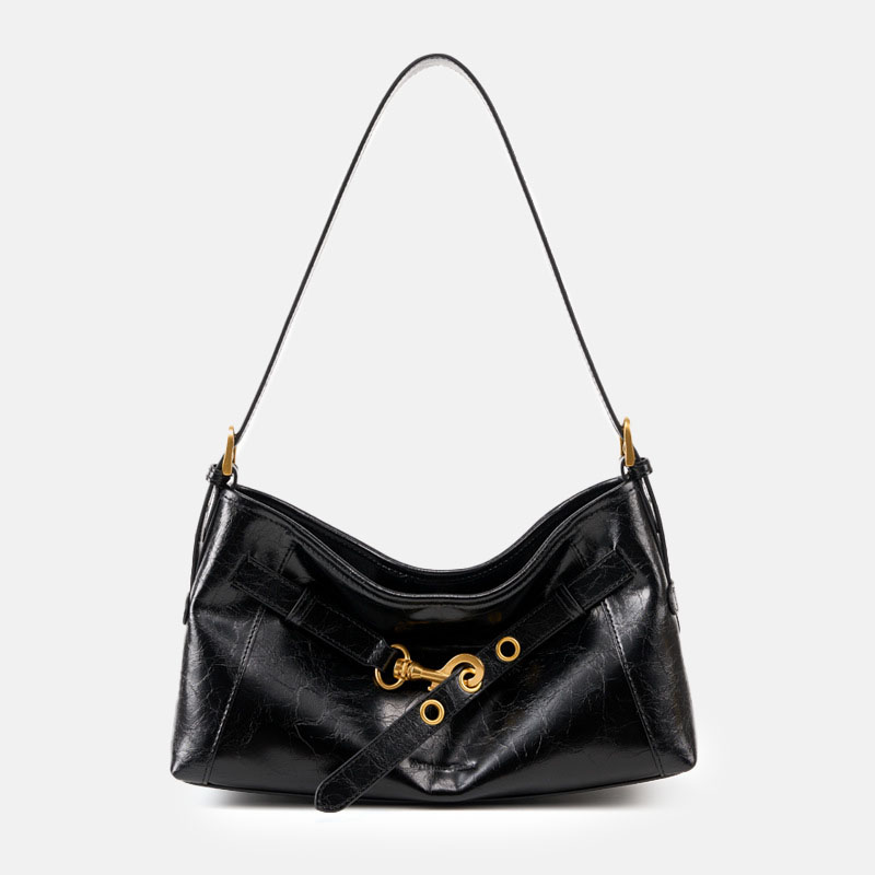Sac à bandoulière en cuir ciré noir à effet craquelé pour femmes, avec accessoires en or