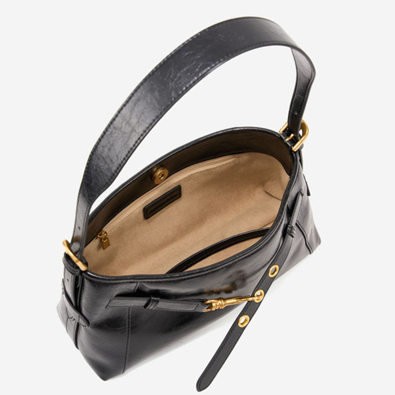Sac à bandoulière en cuir ciré noir à effet craquelé pour femmes, avec accessoires en or