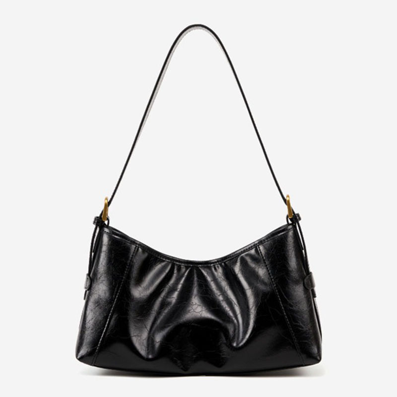 Sac à bandoulière en cuir ciré noir à effet craquelé pour femmes, avec accessoires en or