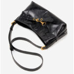 Sac à bandoulière en cuir ciré noir à effet craquelé pour femmes, avec accessoires en or