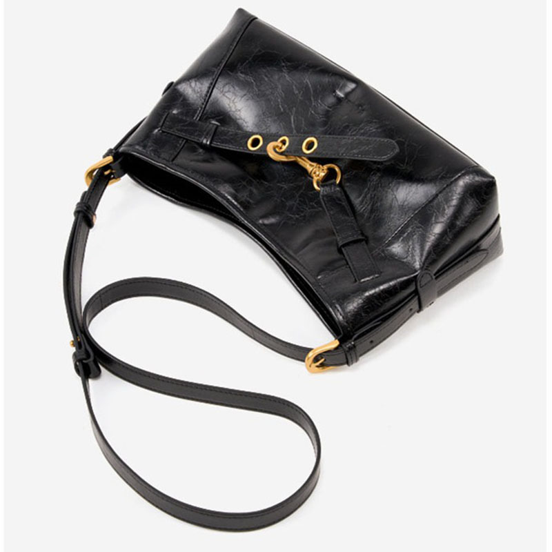 Sac à bandoulière en cuir ciré noir à effet craquelé pour femmes, avec accessoires en or