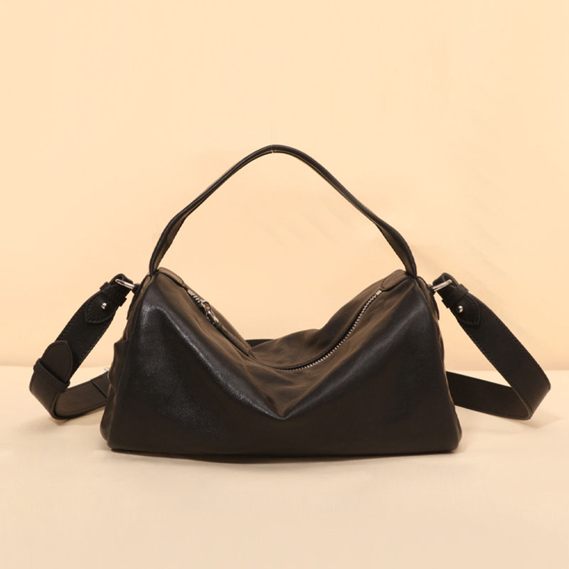 Sac à main en cuir véritable noir en forme d'oreiller avec bandoulière pour femmes