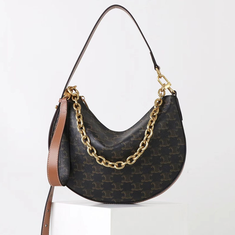 Schwarze Damen Leder Halbmond Print Kette Hobo Crossbody Umhängetasche